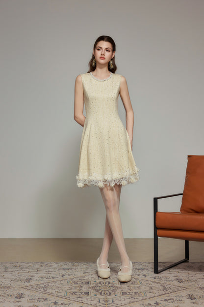 Cream Rhinestone Wool Knit Dress
