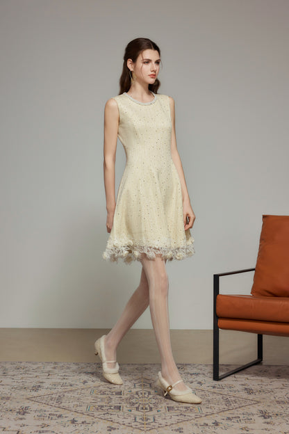 Cream Rhinestone Wool Knit Dress