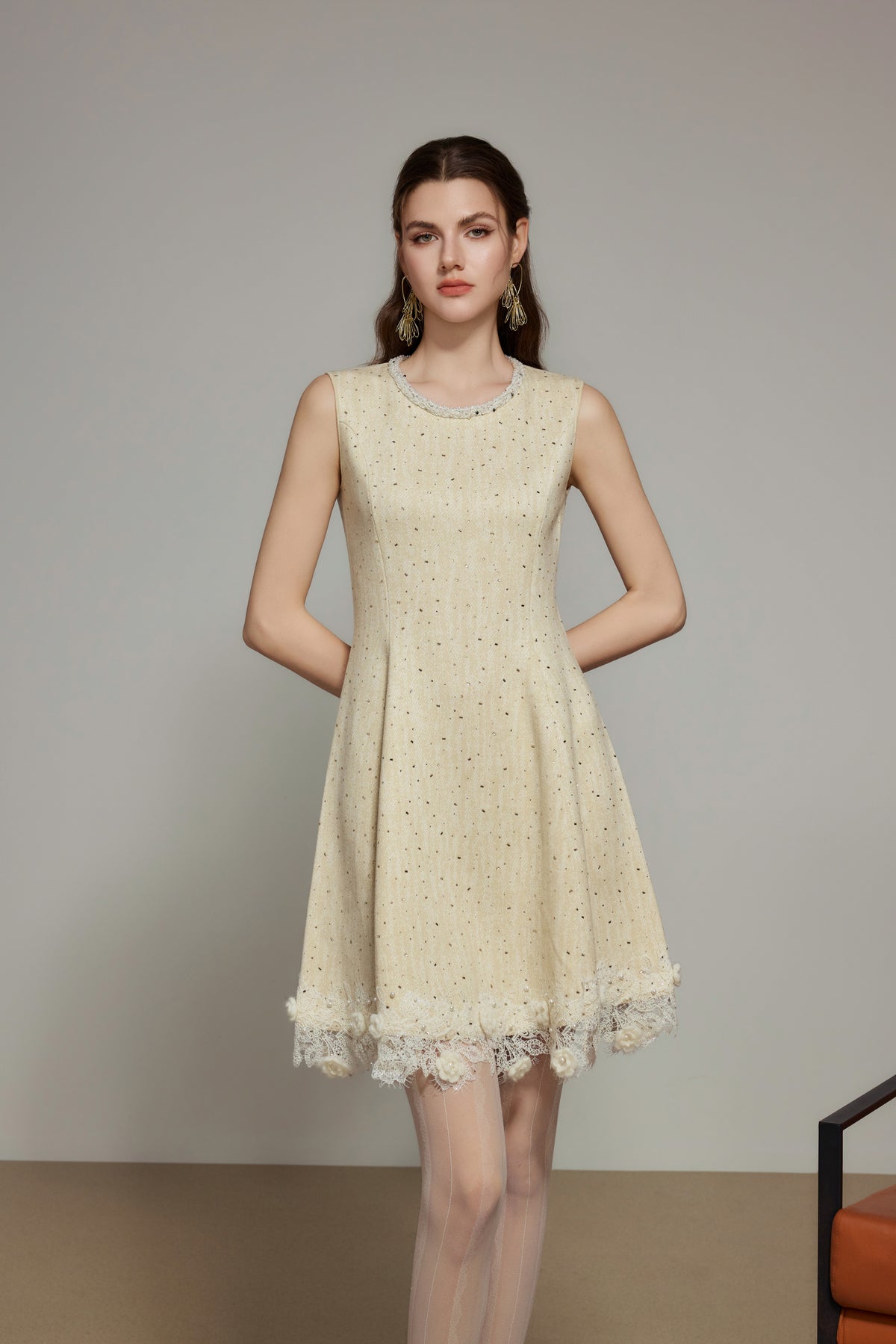 Cream Rhinestone Wool Knit Dress