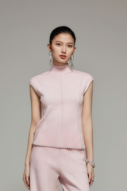 Pink Rhinestone Wool Knit Top