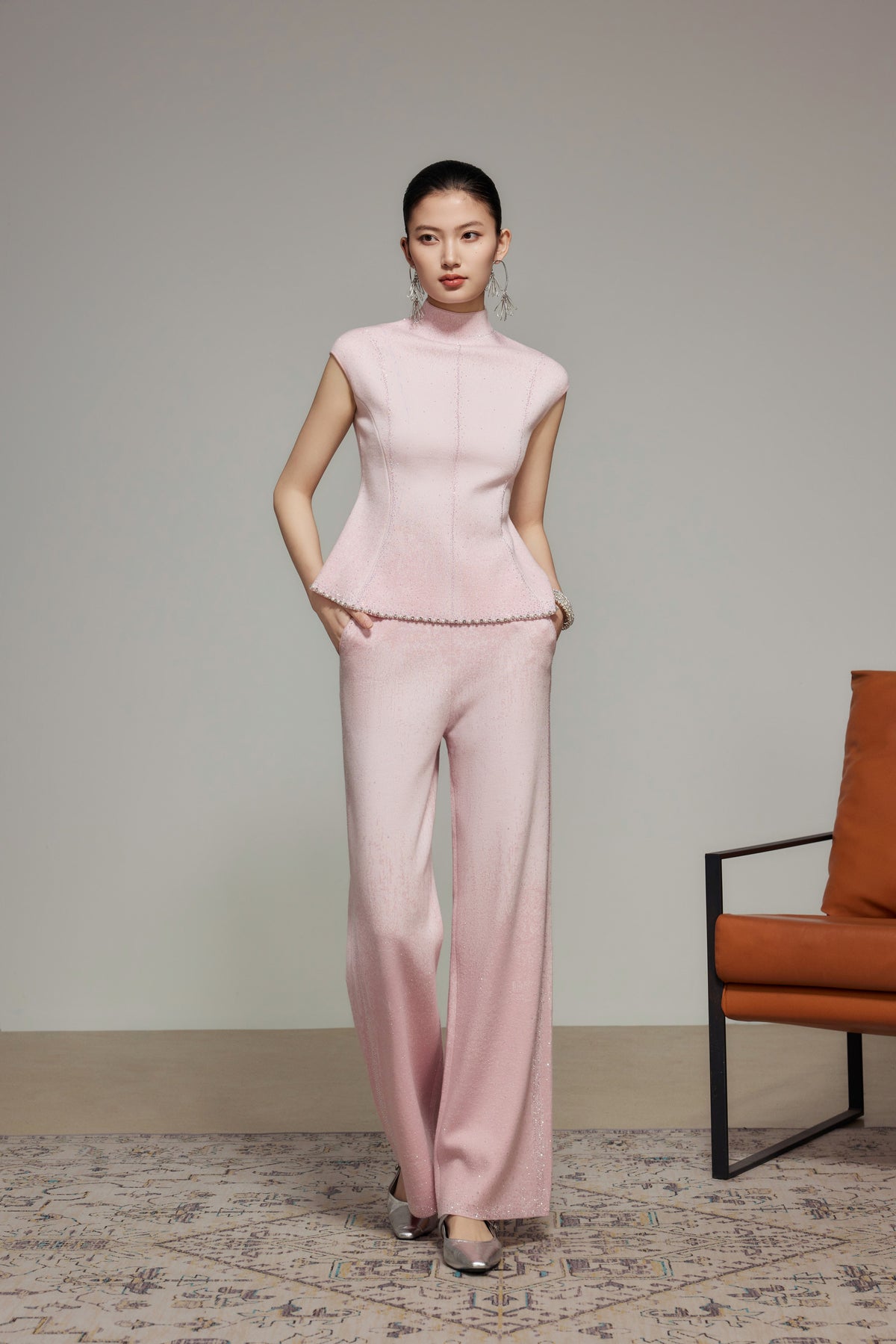 Pink Rhinestone Wool Knit Top