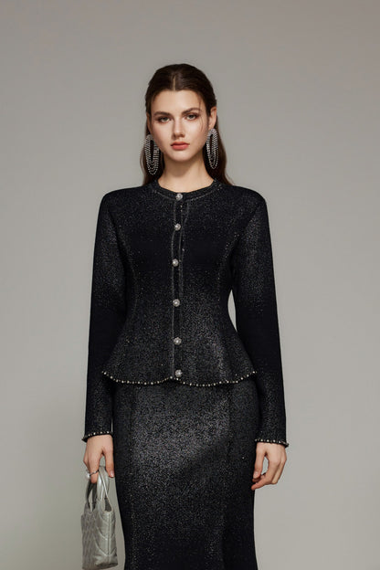 Black Rhinestone Wool Knit Cardigan