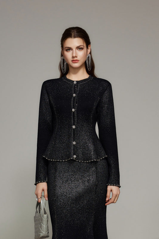 Black Rhinestone Wool Knit Cardigan