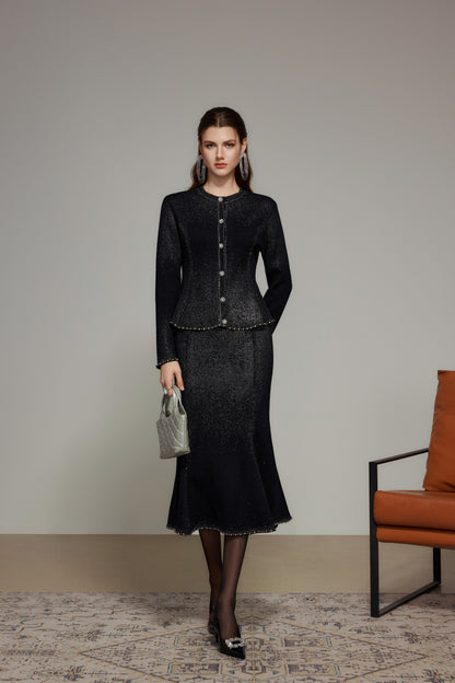 Black Rhinestone Wool Knit Cardigan