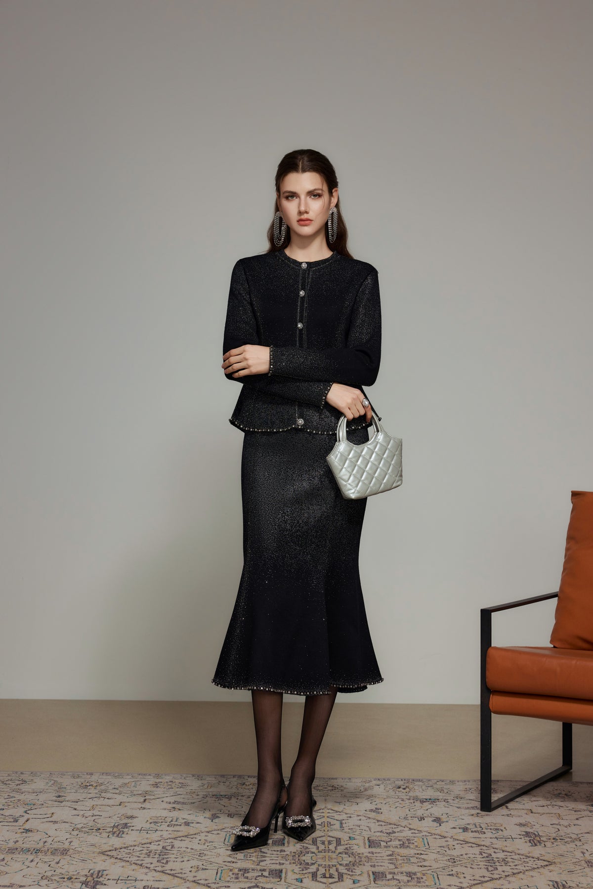 Black Rhinestone Wool Knit Cardigan