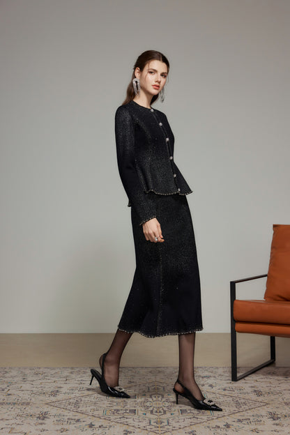 Black Rhinestone Wool Knit Cardigan