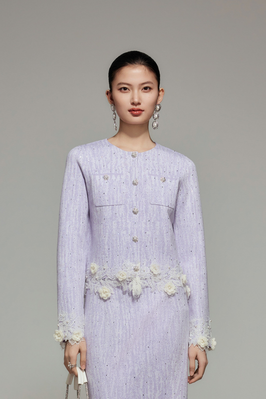 Purple Rhinestone Wool Knit Cardigan
