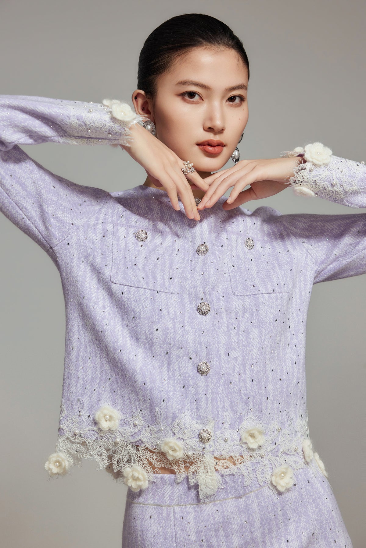 Purple Rhinestone Wool Knit Cardigan