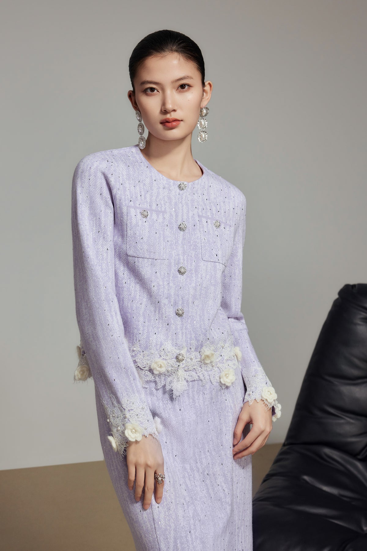 Purple Rhinestone Wool Knit Cardigan