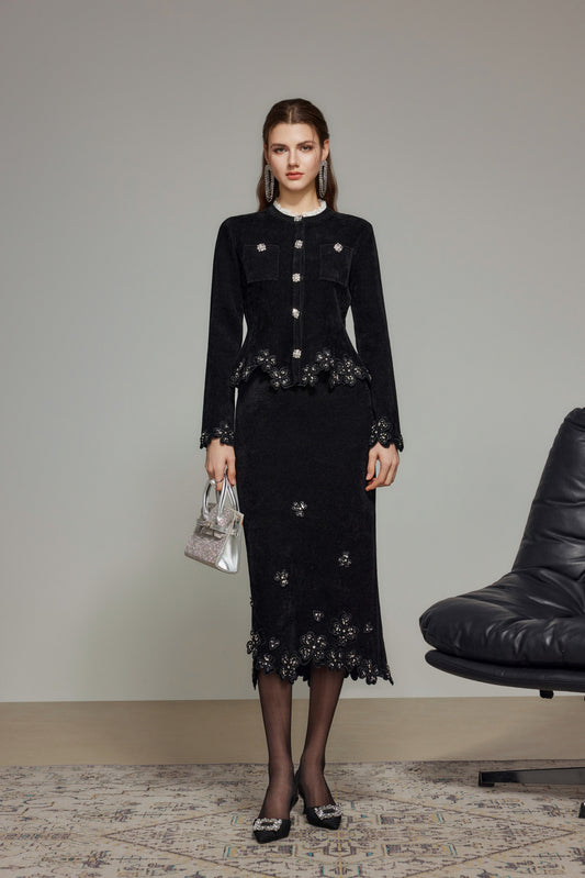 Black Embroidered Lace Wool Knit Skirt