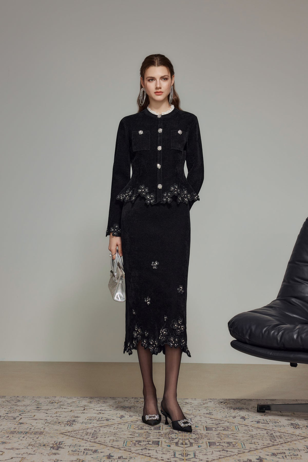 Black Embroidered Lace Wool Knit Cardigan