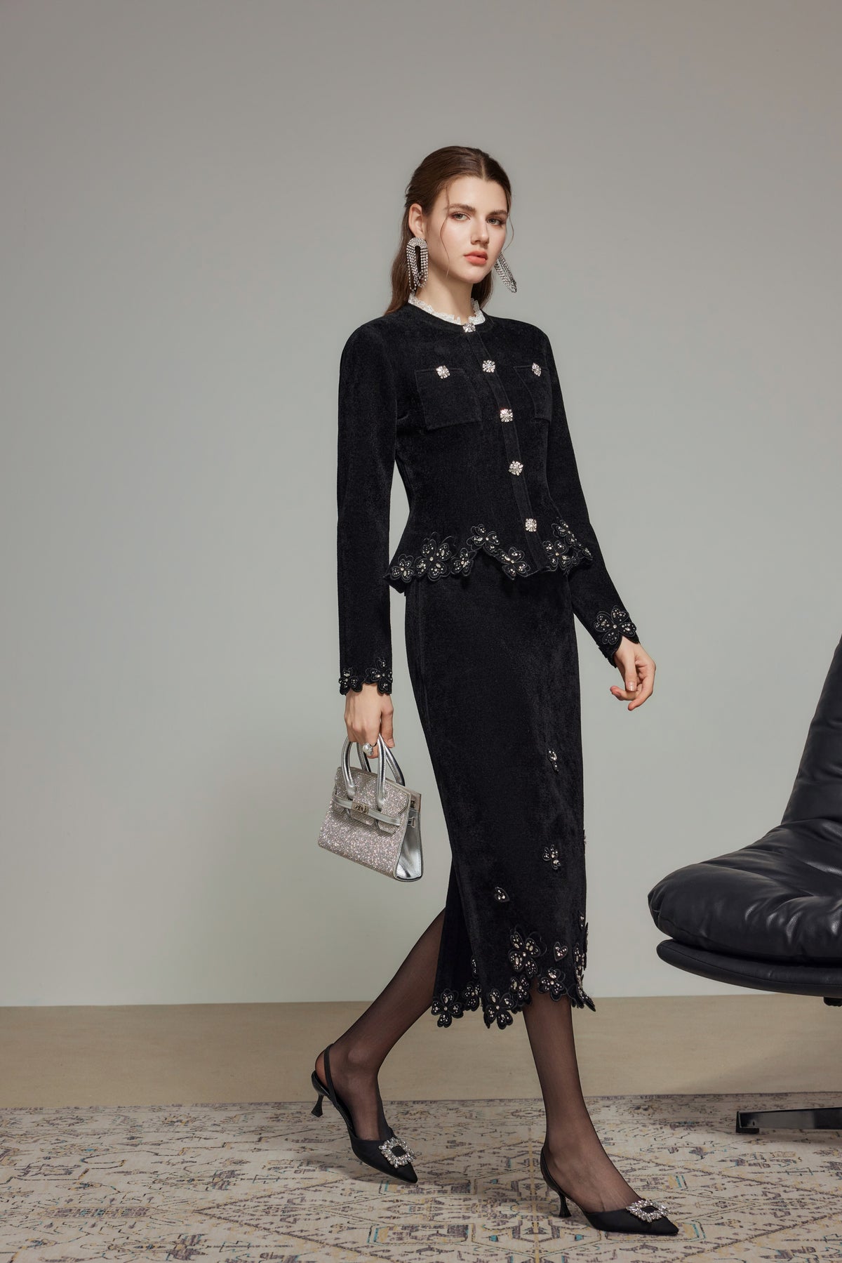 Black Embroidered Lace Wool Knit Cardigan