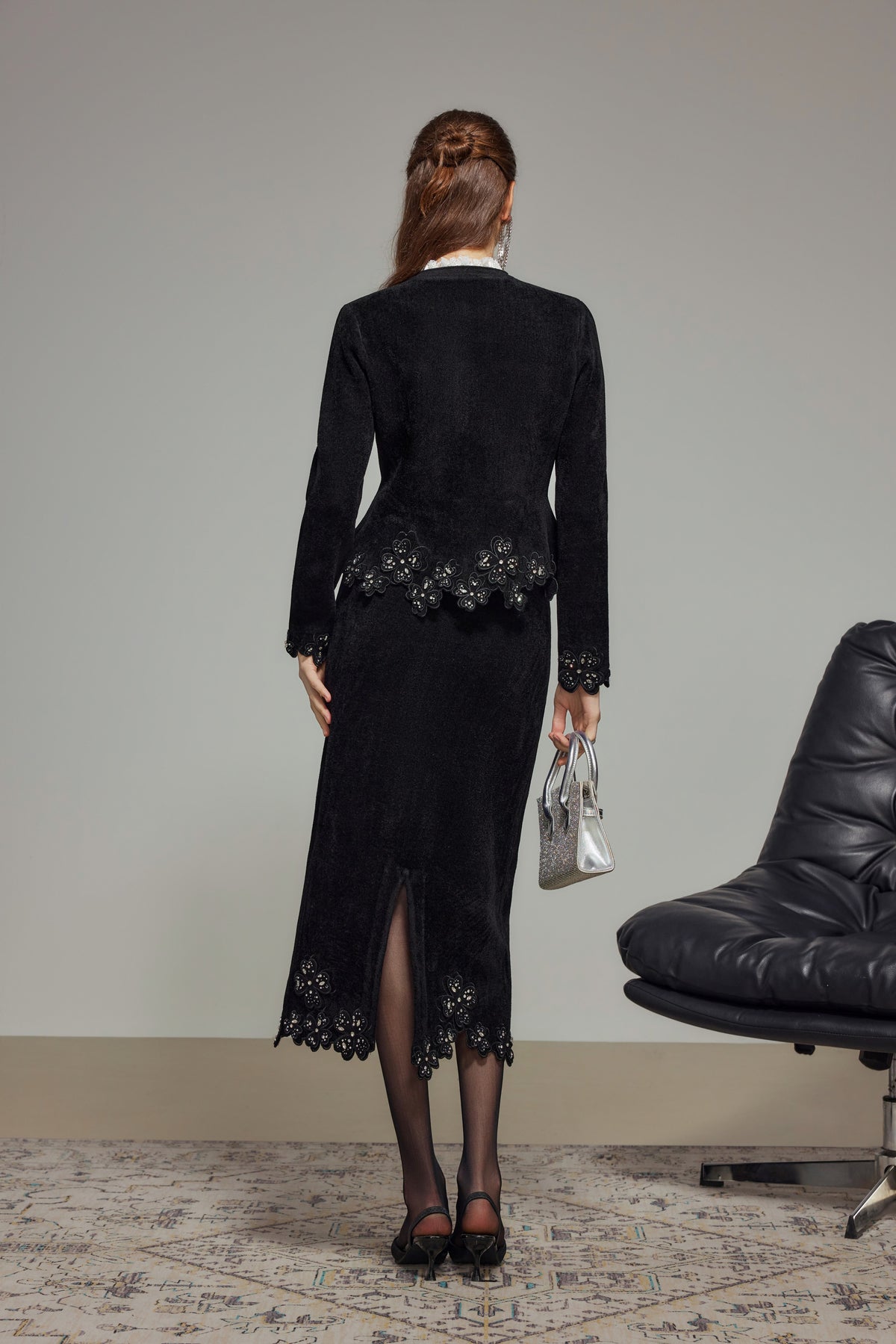 Black Embroidered Lace Wool Knit Cardigan