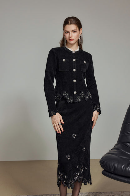 Black Embroidered Lace Wool Knit Cardigan