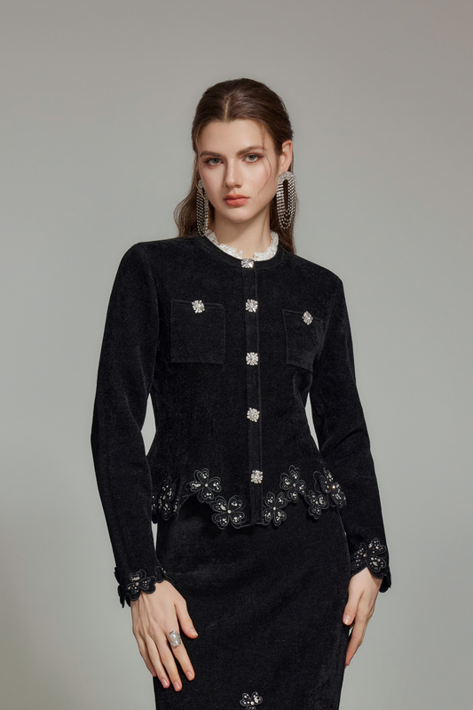 Black Embroidered Lace Wool Knit Cardigan