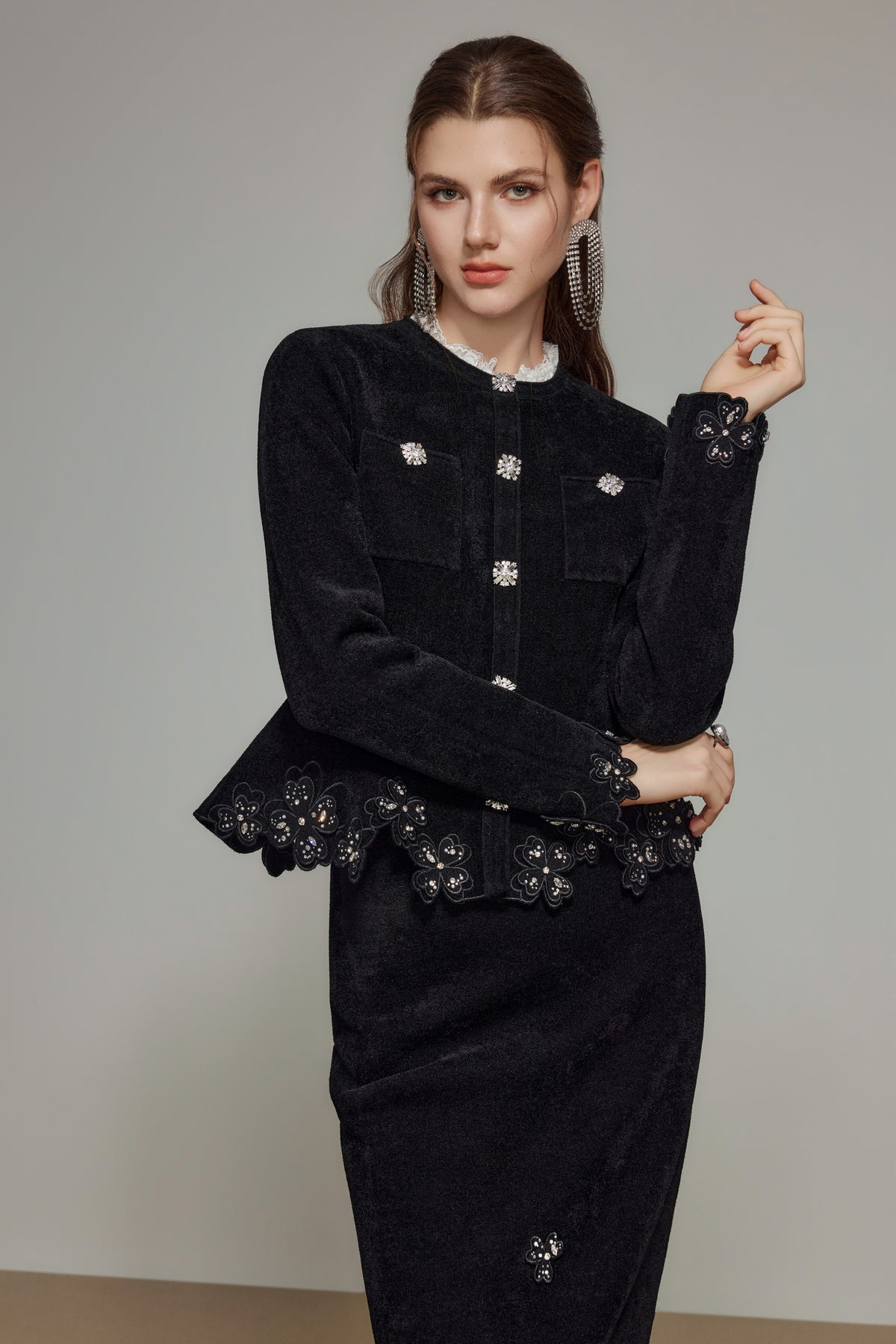 Black Embroidered Lace Wool Knit Cardigan