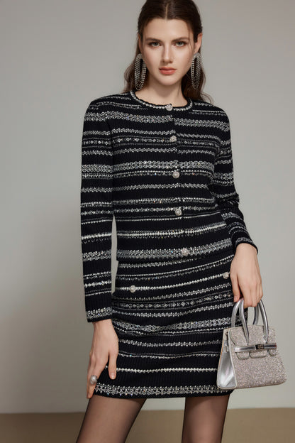 Black Silver Rhinestone Wool Knit Cardigan