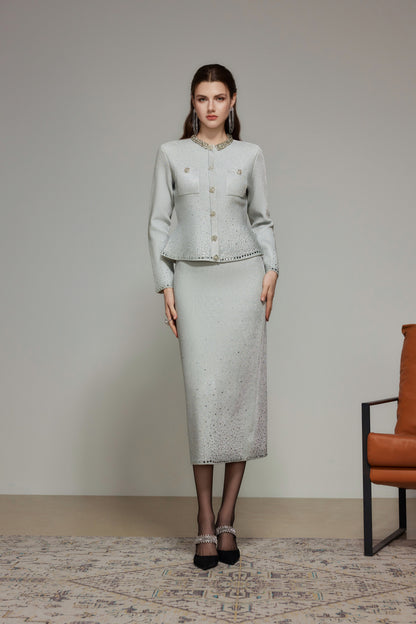 Light Gray Rhinestone Wool Knit Cardigan