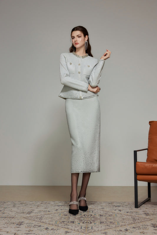 Light Gray Rhinestone Wool Knit Skirt