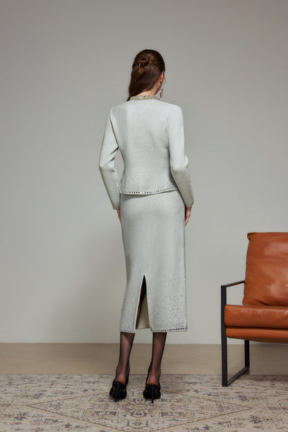 Light Gray Rhinestone Wool Knit Cardigan