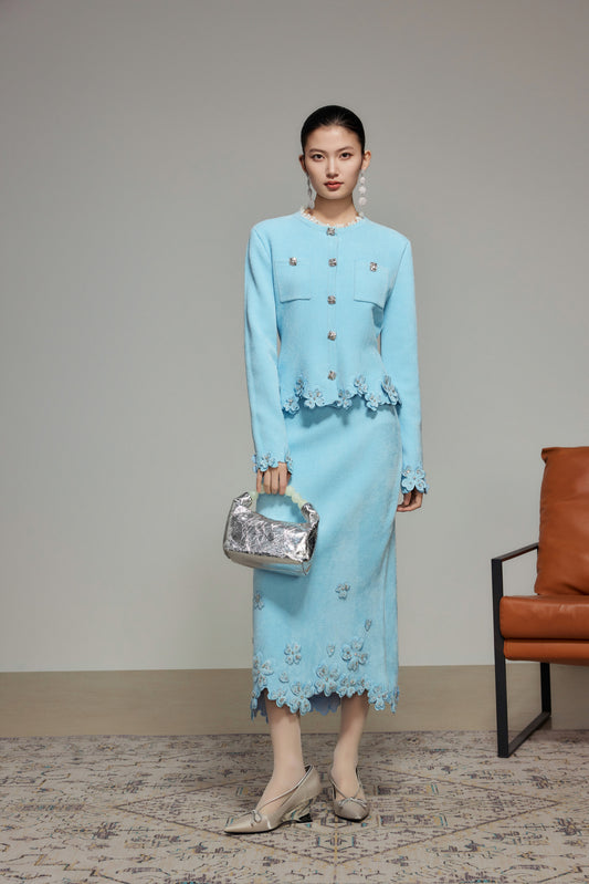 Blue Rhinestone Embroidered Wool Knit Skirt
