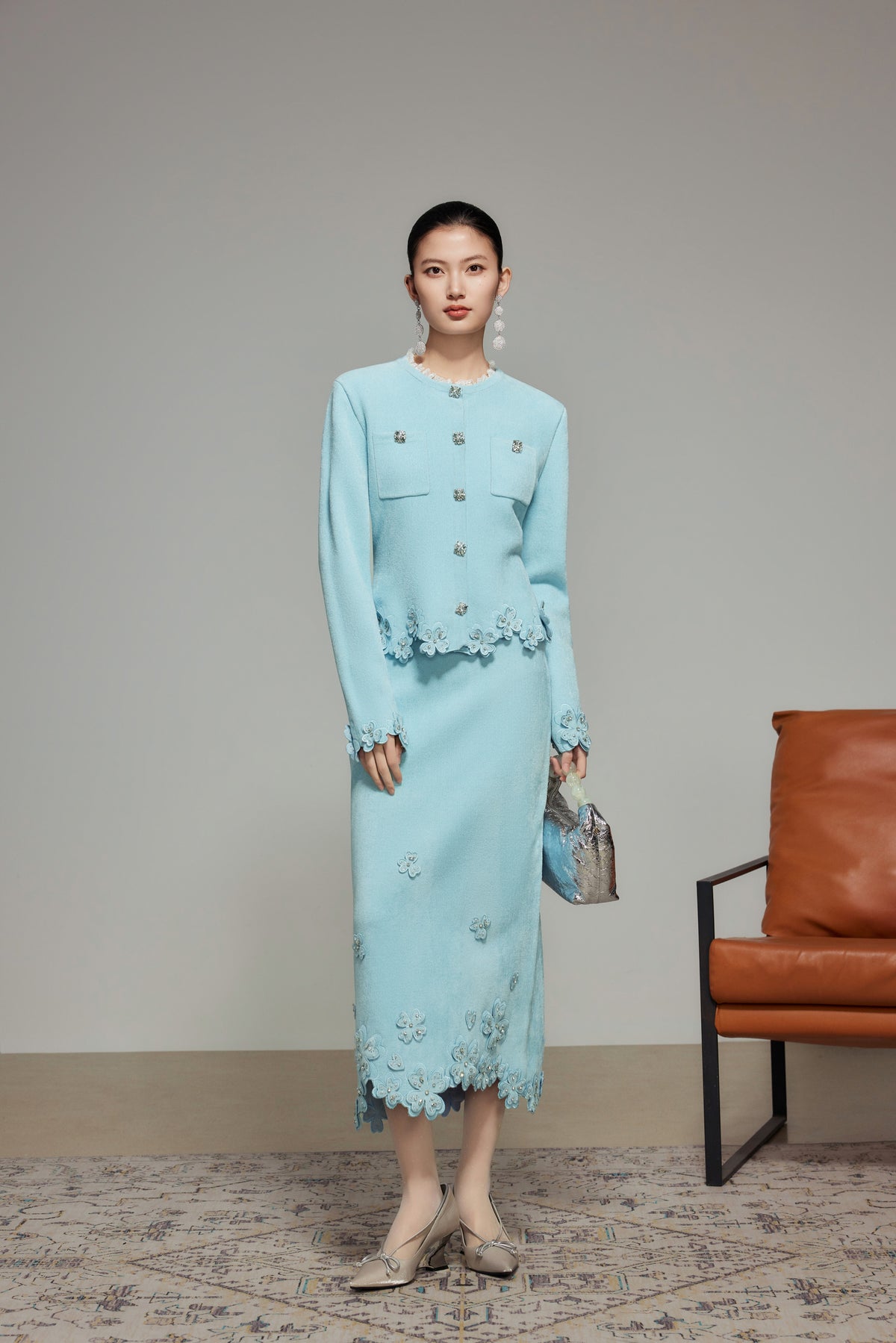 Blue Rhinestone Embroidered Wool Knit Skirt