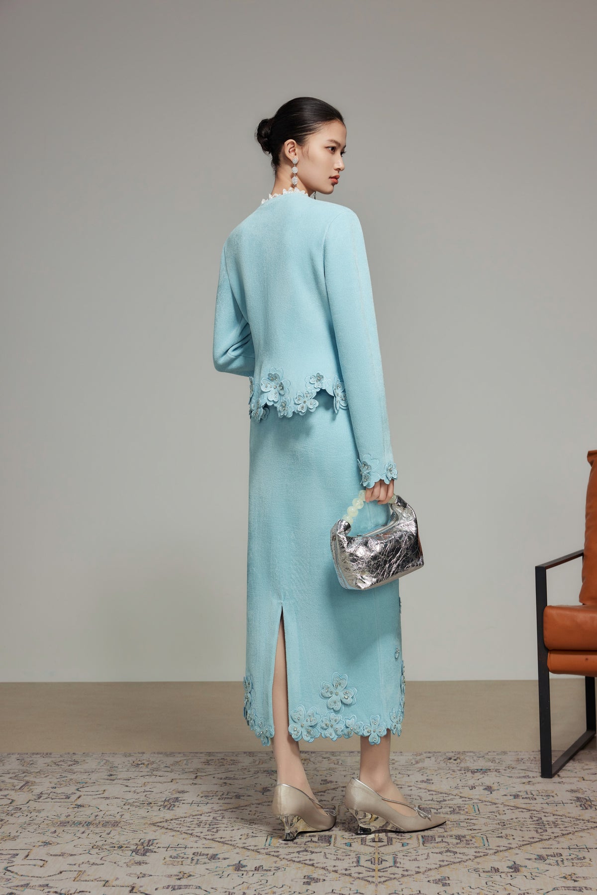 Blue Rhinestone Embroidered Wool Knit Cardigan