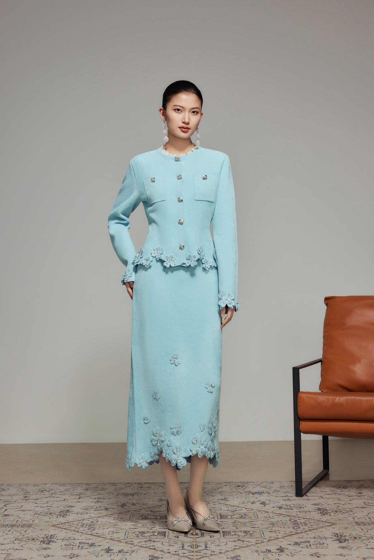 Blue Rhinestone Embroidered Wool Knit Cardigan