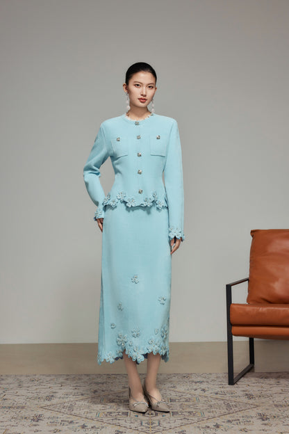 Blue Rhinestone Embroidered Wool Knit Cardigan