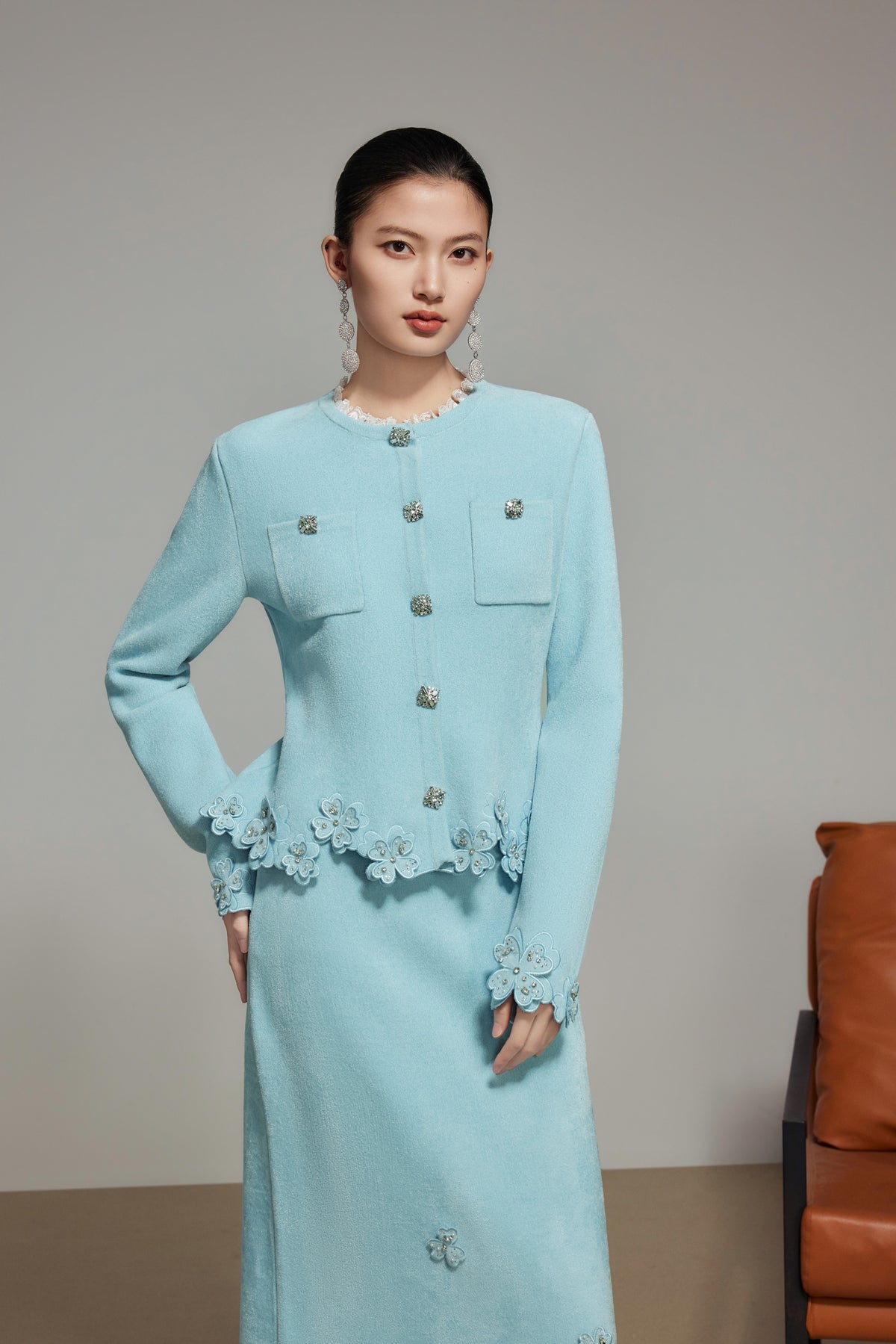 Blue Rhinestone Embroidered Wool Knit Cardigan