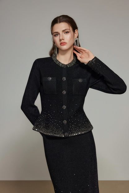 Light Gray Rhinestone Wool Knit Cardigan