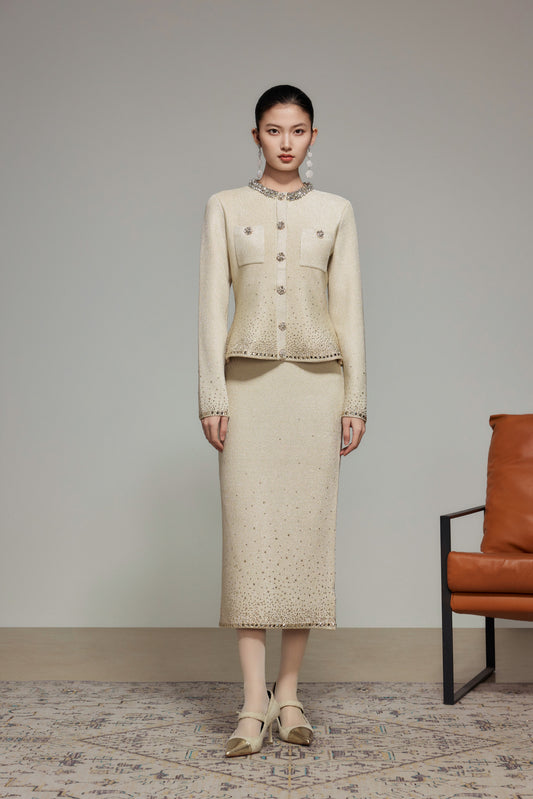 Khaki Rhinestone Knit Straight Skirt