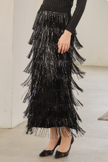 Black Sequin-Embellished Fringe Skirt