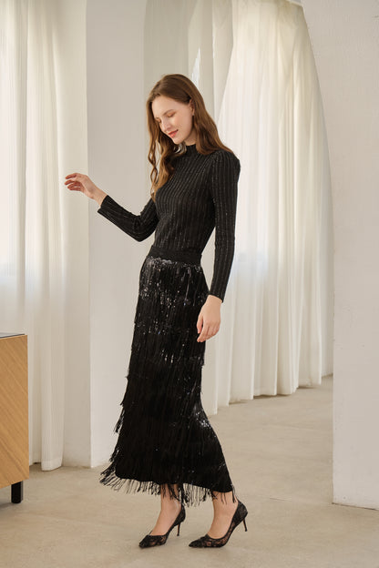 Black Sequin-Embellished Fringe Skirt