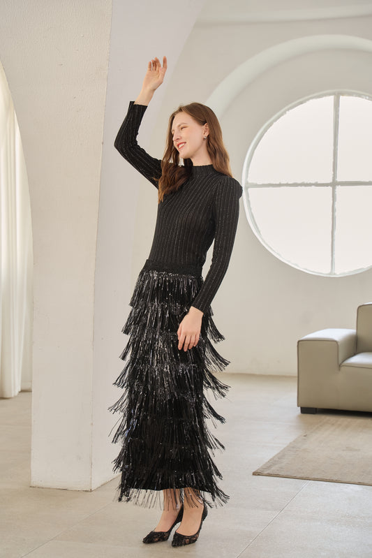 Black Sequin-Embellished Fringe Skirt