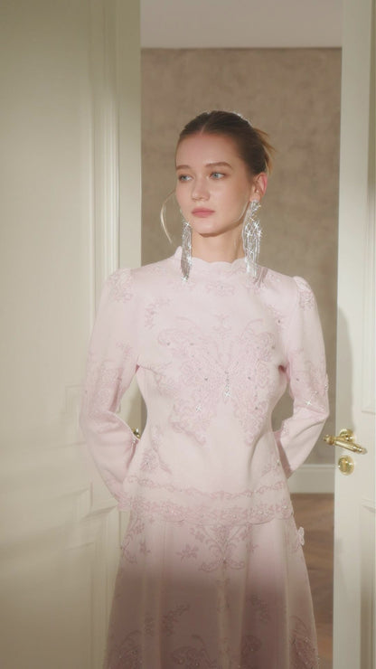 Pink Butterfly Lace Rhinestone Knit Top