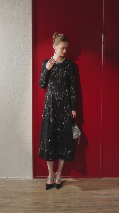 Black Rhinestone Wool Knit Long Sleeve Dress
