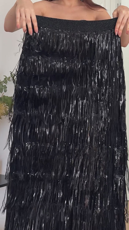 Black Sequin-Embellished Fringe Skirt
