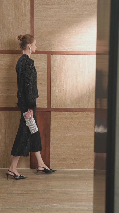 Black Crystal Embellished Fishtail Knit Skirt